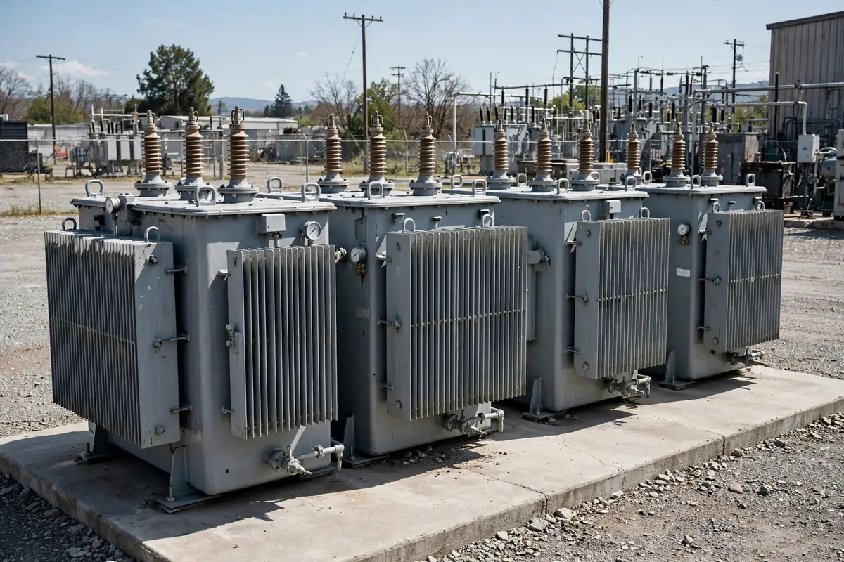 Oil-immersed distribution transformers in a factory yard (illustration)