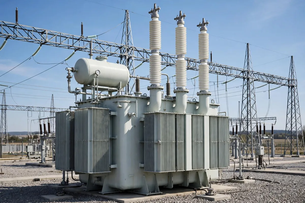 Large power transformer with cooling radiators and bushings (illustration)
