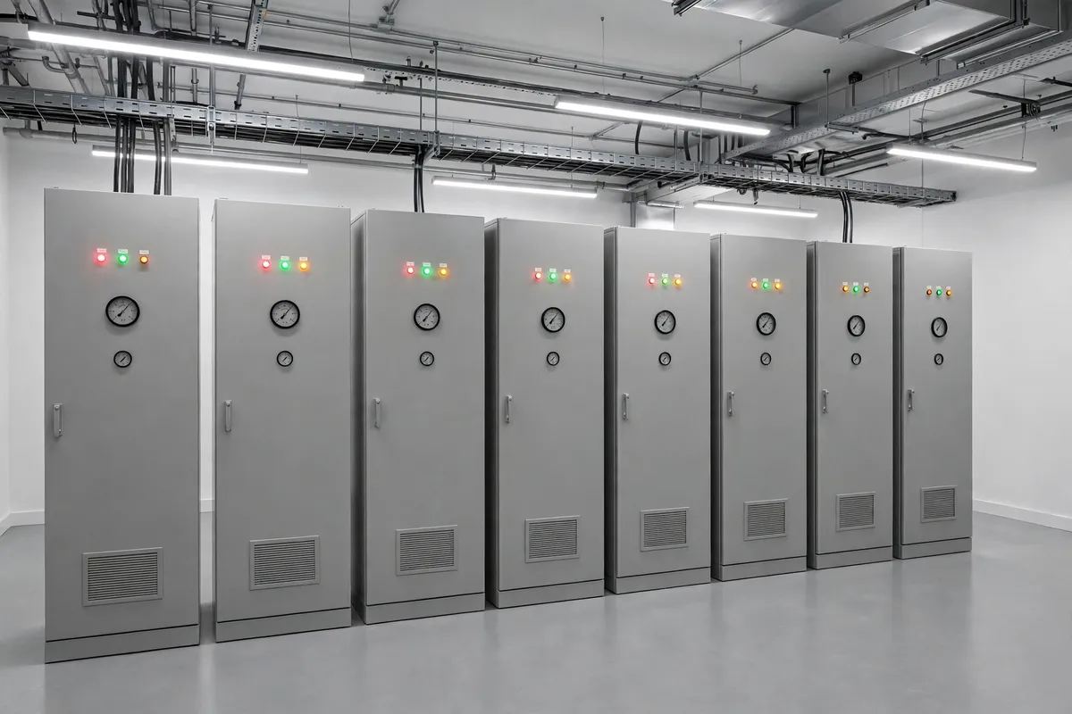 Medium-voltage switchgear panel line-up in a switch room (illustration)